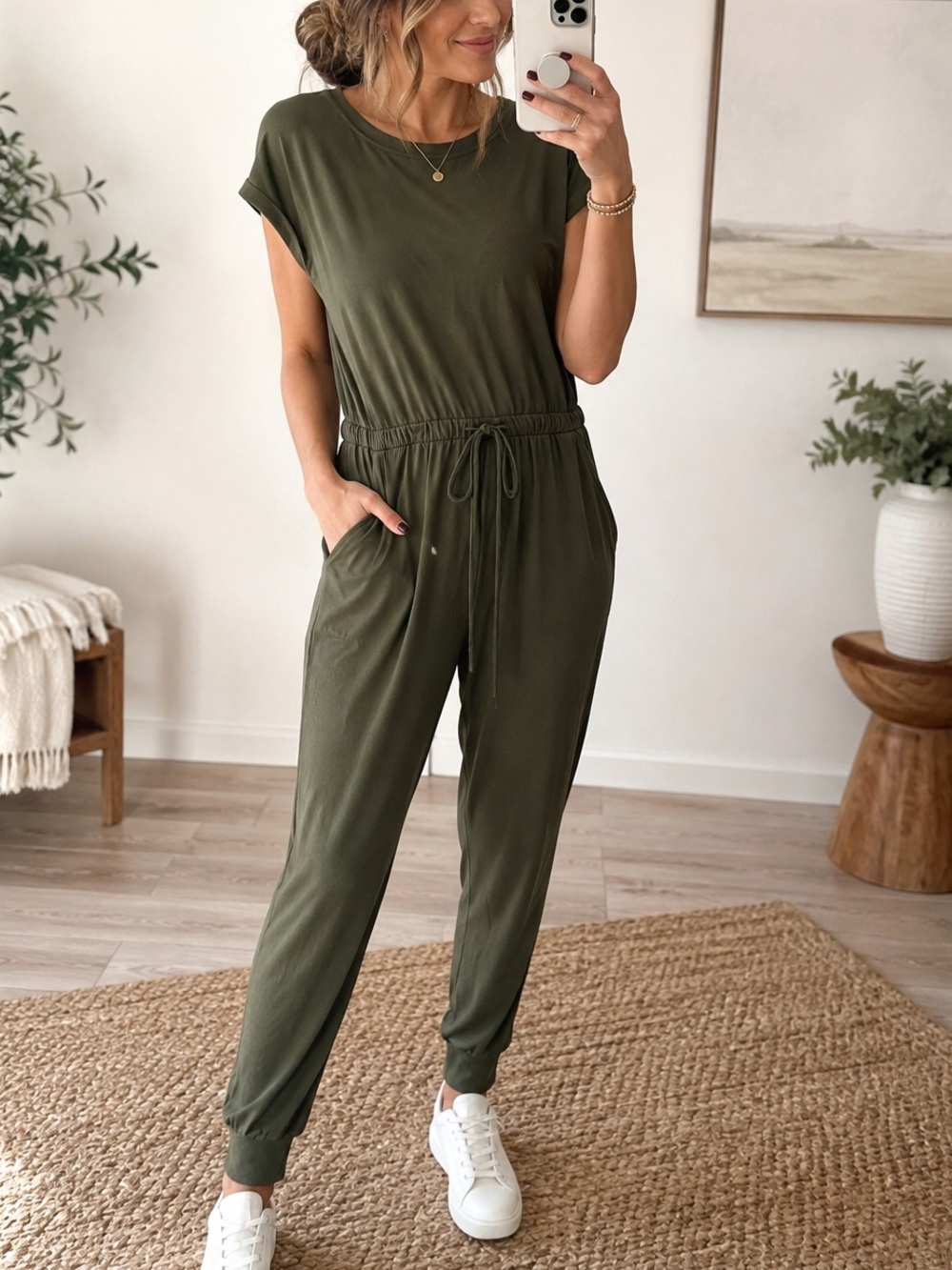 PRETTYGARDEN Olive Green Jumpsuit XL NWT Drawstring Waist Jogger Pockets